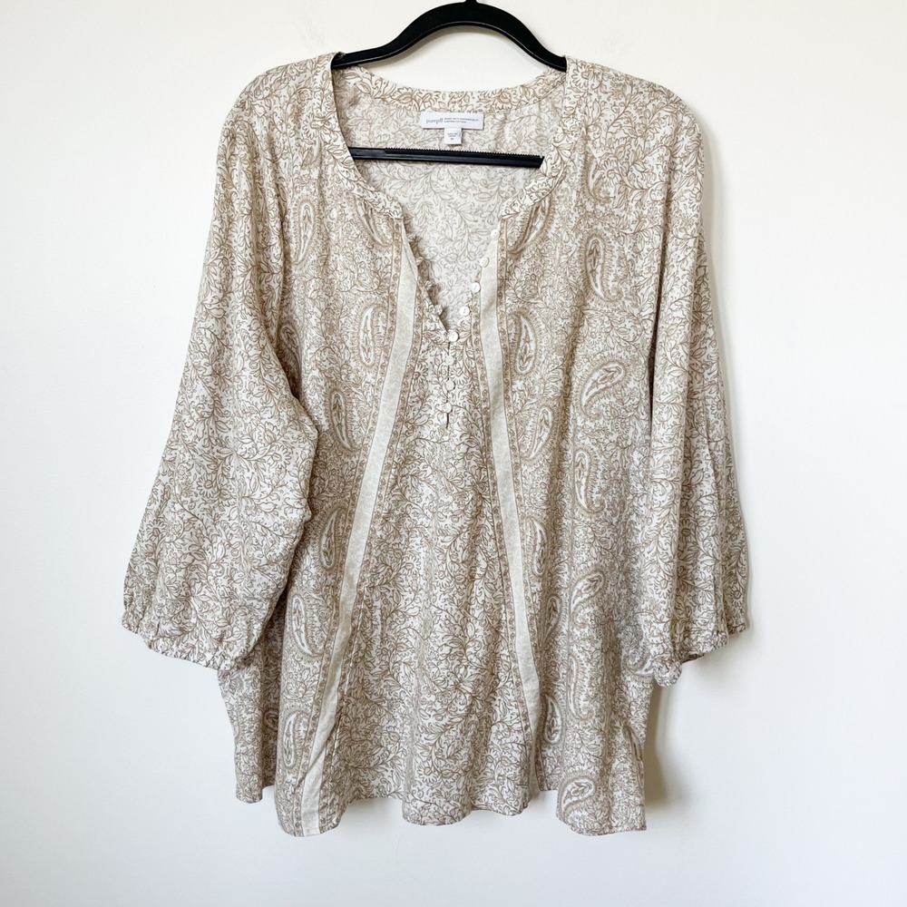 J.Jill Pure Jill Organic Cotton Blouse Paisley Floral Cream Womens 2X